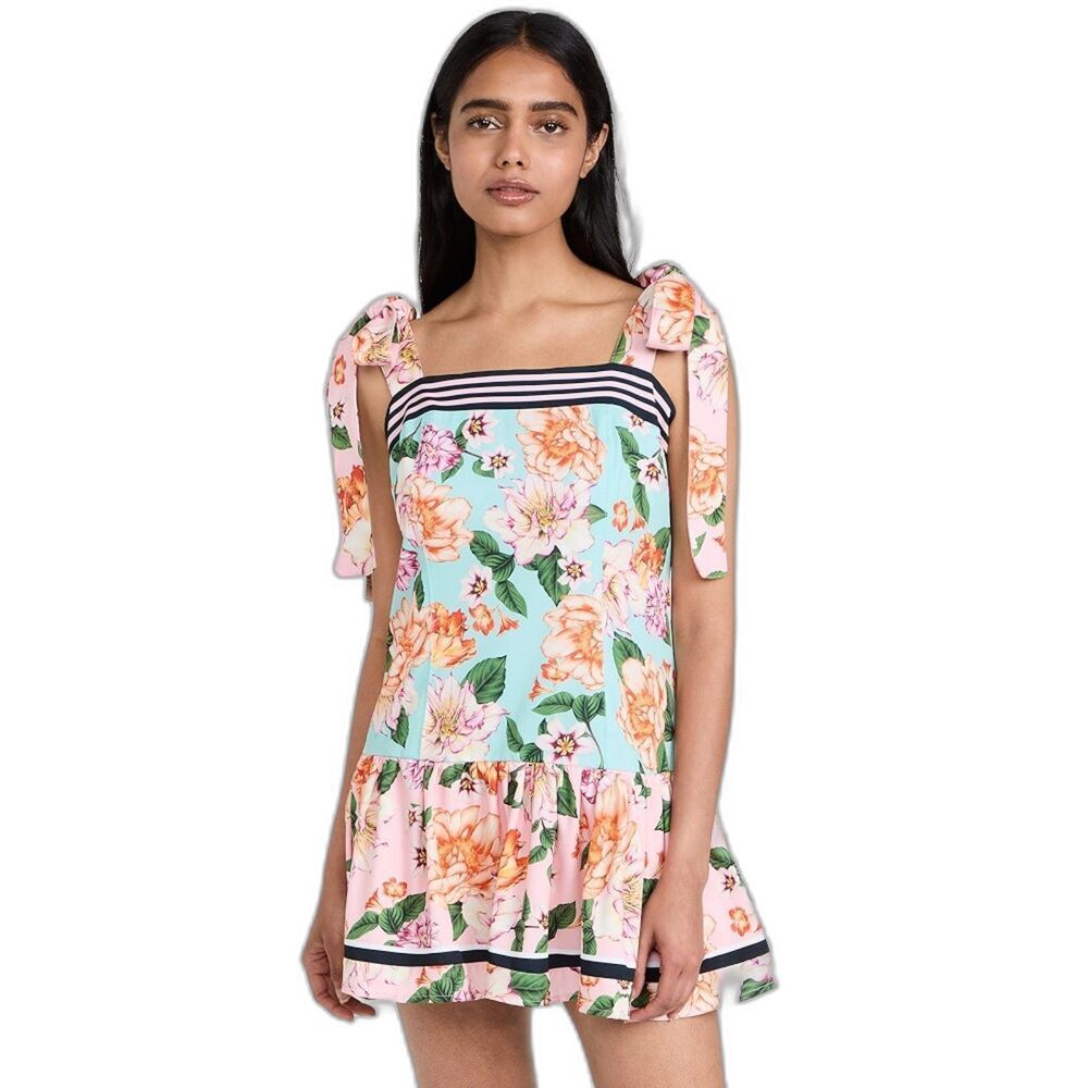 Agua Bendita Joaquina Floral Mini Dress Tie Bow Strap Tiered NWOT Womens Size L